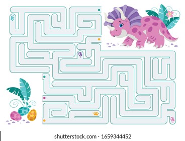 Vector illustration of maze (labyrinth) educational game. Dino maze for children. Dino cartoon. Animals vector. Logical game. Children's cartoon. Game for Preschool