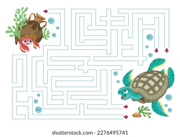 Vector illustration of maze (labyrinth) educational game. Turtle maze for children. Sea life cartoon. Logical game. Animals cartoon