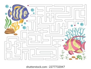 Ilustración vectorial del juego educativo del laberinto (laberinto). Maíz de peces para niños. Caricatura de la vida marina. Juego lógico. Caricatura de animales. Vector de peces