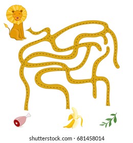 Vector illustration of maze (labyrinth) educational game with cute cartoon lion for children