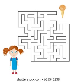 Vector illustration of a maze (labyrinth) educational game with girl-cartoons