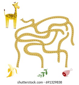 Vector illustration of maze (labyrinth) educational game with cute cartoon giraffe for children
