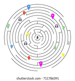 vector illustration for maze with location and activities spots for puzzle visualization concepts
