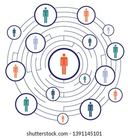 vector illustration of maze and people symbols for communication strategies and relationships concept