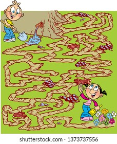 In the vector illustration, a maze puzzle with children who dig a channel for watering flowers in the garden.