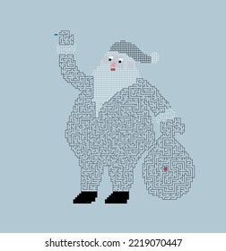 Vektorgrafik des Maze Puzzle Spiels für Kinder mit Santa Claus Charakter und Sack von Weihnachtsgeschenken. Mache die innere Kontur des Weihnachtsmannes.