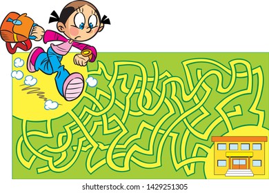 Vector illustration with a maze, a puzzle where it is necessary to help a schoolgirl to get to school faster.