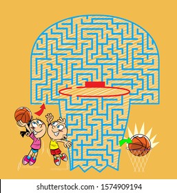 In the vector illustration, a maze puzzle where children must throw a basketball in the basket