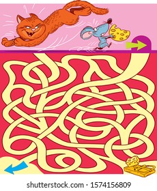 In the vector illustration, the maze is a puzzle in which you need to help the mouse to escape from the cat into its hole