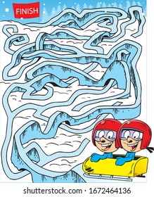 Vector illustration with a maze where it is necessary to help children on a sled to reach the finish line.