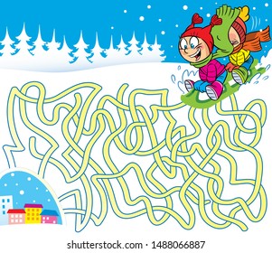 Vector illustration with a maze where you need to help children find their way home.