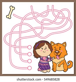 Vector illustration of maze(labyrinth) educational game with cute cartoon girl and dog for children