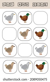 Vektorgrafik von Fleischtieren ohne das gewünschte Element. Papierspiel zur Entwicklung von Vorschulkindern. Schneiden Sie Teile des Bildes aus und kleben Sie das Tier. Ein lustiges Spiel für Kinder
