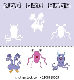 Vector illustration of mead monsters lacking the desired element. paper game for the development of preschoolers. Cut out parts of the image and glue on the cute heroes. A fun game for kids and kids