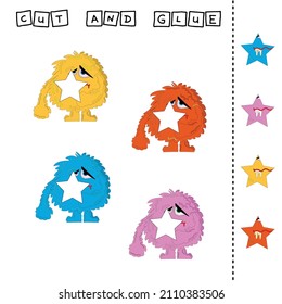 Ilustración vectorial de los monstruos carentes del elemento deseado. juego de papel para el desarrollo de preescolares. Corta partes de la imagen y pega a los héroes lindos. Un juego divertido para niños y niños