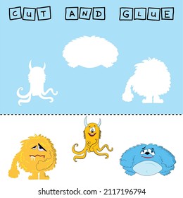 Ilustración vectorial de los monstruos carentes del elemento deseado. juego de papel para el desarrollo de preescolares. Corta partes de la imagen y pega a los héroes lindos. Un juego divertido para niños y niños