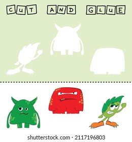 Ilustración vectorial de los monstruos carentes del elemento deseado. juego de papel para el desarrollo de preescolares. Corta partes de la imagen y pega a los héroes lindos. Un juego divertido para niños y niños