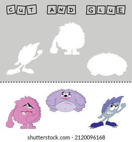 Vector illustration of mead monsters lacking the desired element. paper game for the development of preschoolers. Cut out parts of the image and glue on the cute heroes. A fun game for kids and kids