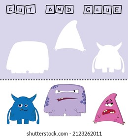 Vector illustration of mead monsters lacking the desired element. paper game for the development of preschoolers. Cut out parts of the image and glue on the cute heroes. A fun game for kids and kid