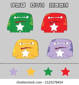 Vector illustration of mead monsters lacking the desired element. paper game for the development of preschoolers. Cut out parts of the image and glue on the cute heroes. A fun game for kids and kids