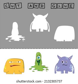 Ilustración vectorial de los monstruos carentes del elemento deseado. juego de papel para el desarrollo de preescolares. Corta partes de la imagen y pega a los héroes lindos. Un juego divertido para niños y niños
