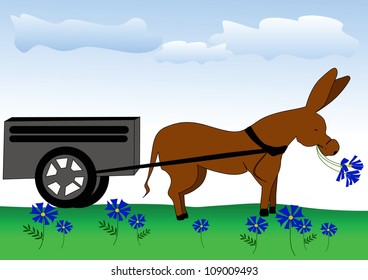 vector illustration of a meadow, a donkey, blue clouds, blue flowers, green grass, cornflower, truck, tire, sled, wagon