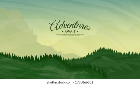 Vector illustration. Meadow flat landscape. Clear polygonal sky. Triangle shapes. Hills. Graphic modern backdrop. Abstract art. Minimalist style. Design element for poster. Natural concept. Panorama