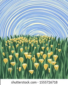 Vector illustration of meadow with flowers and sky. Abstract background with landscape
