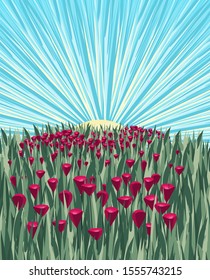 Vector illustration of meadow with flowers and sky. Abstract background with landscape
