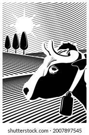 Vector illustration of a meadow. In the foreground you can see a cow. In black and white colors.