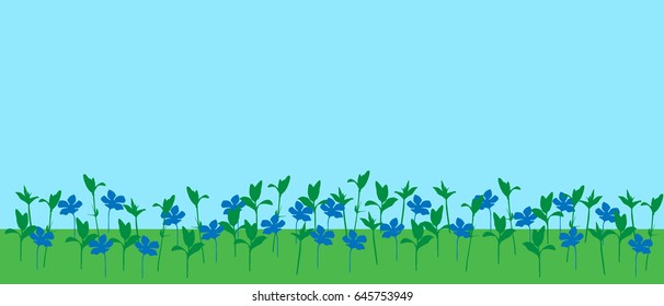 Vector illustration of meadow with grass and flowers under blue sky with space for your text