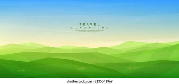 Vector illustration. Meadow polygonal landscape. Clear sky background. Triangle shapes. Hills. Graphic modern wallpaper. Abstract art. Minimalist style. Design element for web banner, website template