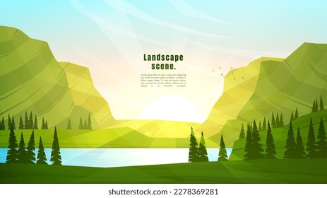 Ilustración vectorial. Paisaje poligonal pradera. Fondo claro del cielo. Lago por bosque. Fondo de pantalla de ecología moderna y gráfica. Arte abstracto. Estilo minimalista. Elemento de diseño para banner web, plantilla de sitio web