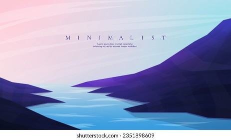 Vector illustration. Meadow polygonal landscape. Clear sky background. Triangle shapes. Hills near water. Graphic modern wallpaper. Minimalist style. Design element for web banner, website template