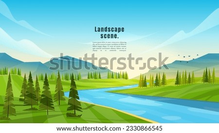 Vector illustration. Meadow polygonal landscape. Clear sky background. Lake by forest. Graphic modern ecology wallpaper. Abstract art. Minimalist style. Design element for web banner, website template