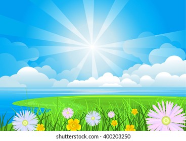 Vector illustration of a meadow and pond