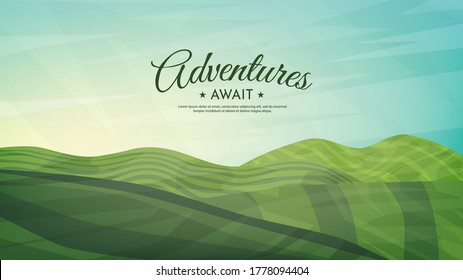 Vector illustration. Meadow realistic landscape. Clear polygonal sky. Triangle shapes. Hills. Graphic modern backdrop. Abstract art. Minimalist style. Design element for poster. 3d wallpaper concept