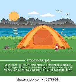  Vector illustration of  meadow with a tent on a background of mountains and lakes . Flat style .