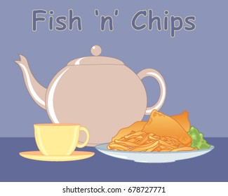a vector illustration of a meal of fish and chips with mushy peas and a pot of tea on a blue background