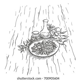 Vector illustration of a meal, with olives twigs on a wooden table
