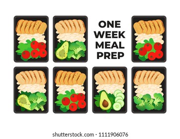 Vector illustration of meal preparation. Portion of food in container. Healthy lifestyle food. Chicken, rice and salad, broccoli, tomato and avocado. Meal prep for a week.