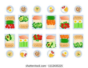 Vector illustration of meal preparation. Portion of food in container, snacks and fruits. Healthy lifestyle food. Meat rice and salad. Meal prep for a week.