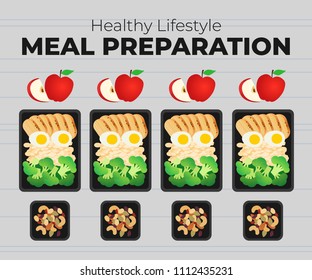 Vector illustration of meal preparation. Portion of food in container, snacks and fruits. Healthy lifestyle food. Meat rice and salad. Meal prep for a week with trail mix.