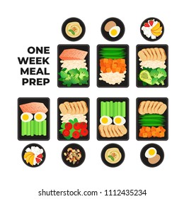 Vector illustration of meal preparation. Portion of food in container and snacks. Healthy lifestyle food. Meat rice and salad. Meal prep for a week.