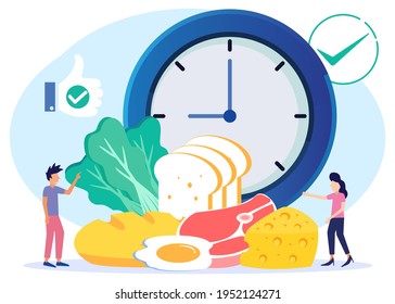 Vector illustration of a meal schedule for balancing daily meals. Hunger is a constant period of time as a healthy habit of the digestive system. Symbolic wall clock with lunch plate.