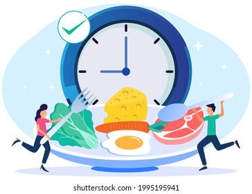 Vector illustration of a meal schedule for balancing daily meals. Hunger is a constant period of time as a healthy habit of the digestive system. Symbolic wall clock with lunch plate.