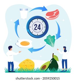 Vector Illustration Of A Meal Schedule For Balancing Daily Meals. Hunger Is A Constant Period Of Time As A Healthy Habit Of The Digestive System. Symbolic Wall Clock With Lunch Plate.