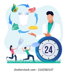 Vector illustration of a meal schedule for balancing daily meals. Hunger is a constant period of time as a healthy habit of the digestive system. Symbolic wall clock with lunch plate.