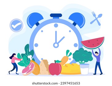 Ilustración vectorial de un programa de comidas para equilibrar las comidas diarias. El hambre es un período constante de tiempo como hábito saludable del sistema digestivo. Reloj simbólico en la pared con plato de almuerzo.