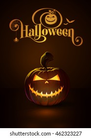 Vector illustration of a Mean Rag Doll jack-o-lantern glowing in the dark. Included a custom typography "Halloween". EPS10 All elements neatly on layers and groups